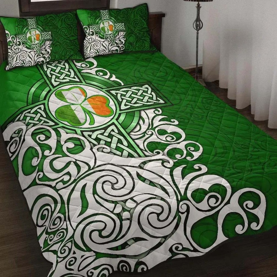 Ireland Celtic Quilt Set Irish Shamrock Flag With Celtic Cross