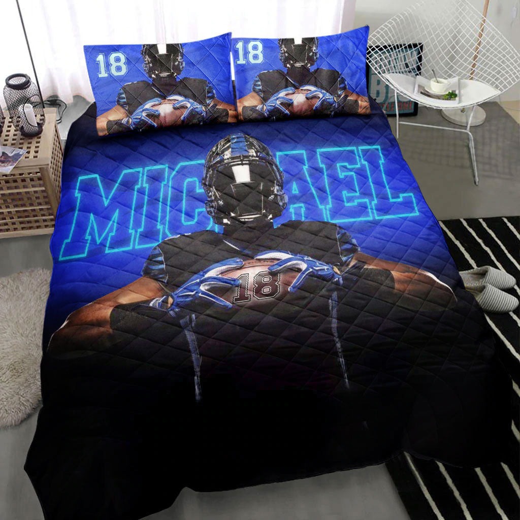 Personalized Football Quilt Set America Football Blue Black 3D