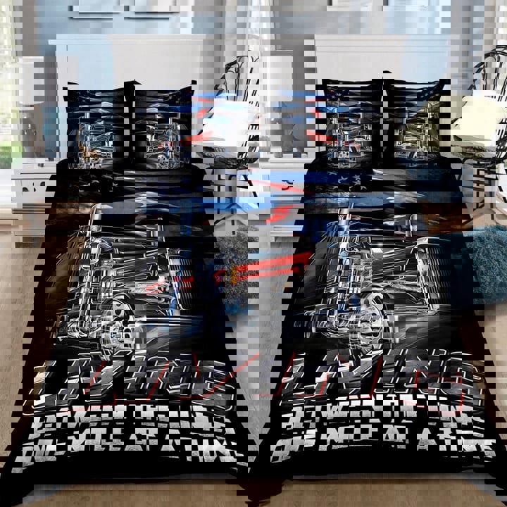 Trucker Bedding Set Living Between The Lines One Mile At A Time Blue
